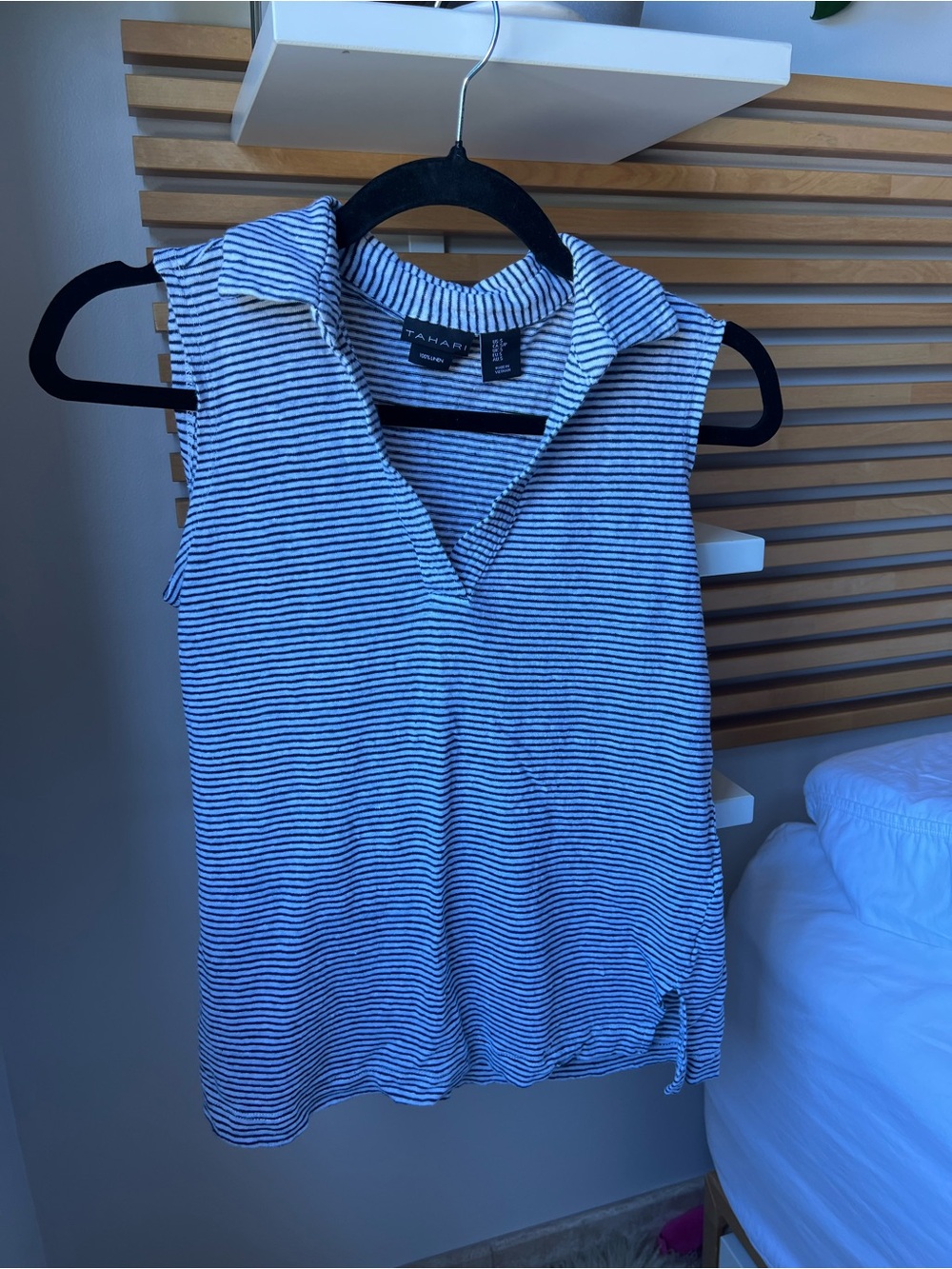 Tahari 100% Linen Navy and White Striped Sleeveless Polo Tank